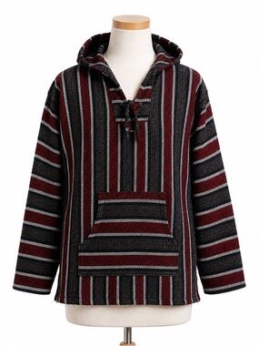 Hooded Baja Poncho Jacket Red, Black & Gray Striped kagaroo pockets